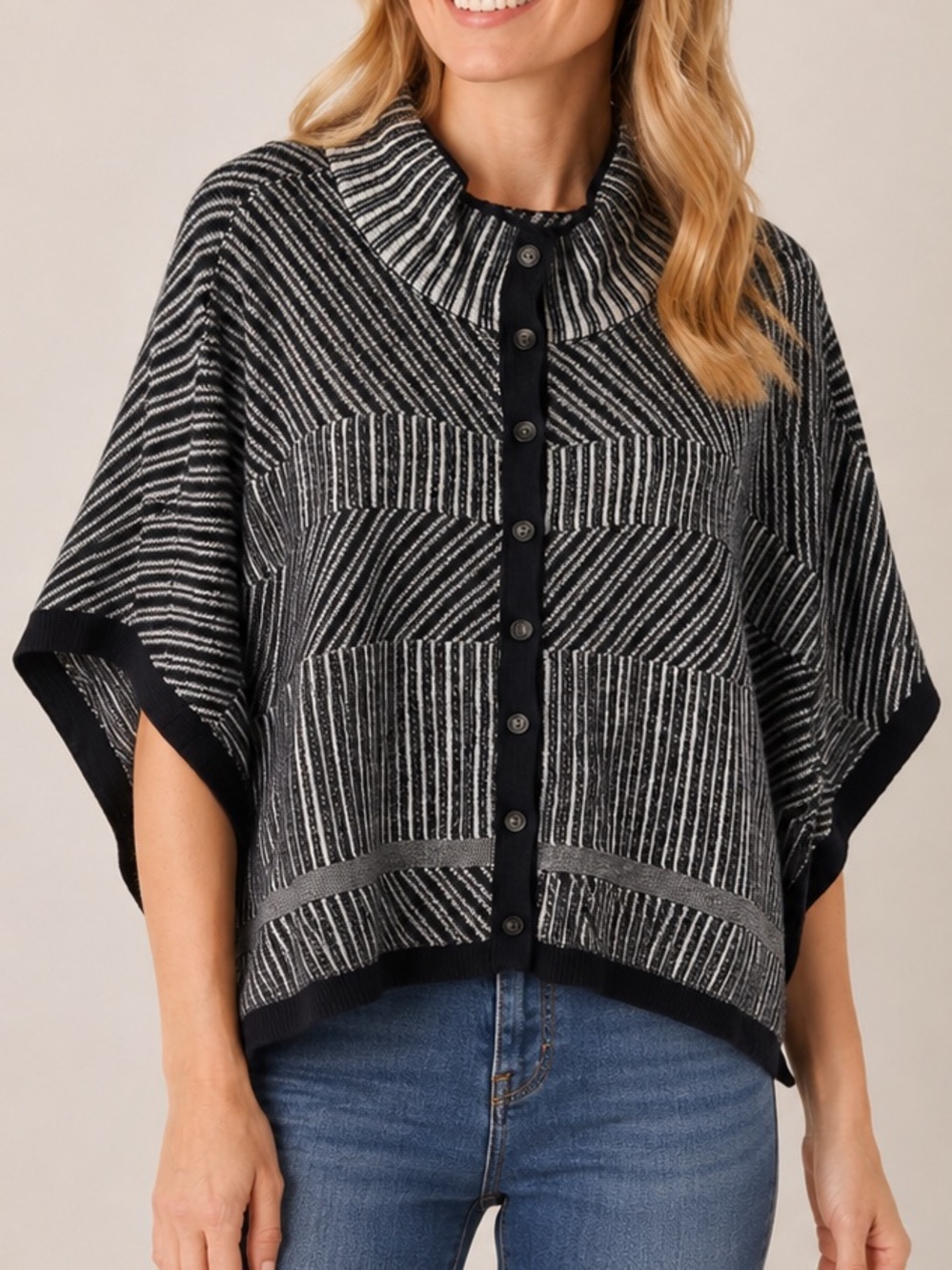 Banana Republic Navy White Knit Poncho Cape Cardigan Cotton Blend L/XL Fall